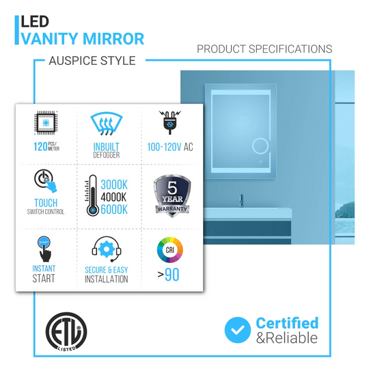 LED Bathroom Mirror with Magnifying Mirror, Defogger and CCT Remembrance, Auspice Style