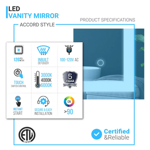 Backlit LED Lighted Mirror with Touch Switch Control, Defogger and CCT Remembrance, Accord Style