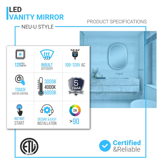 Inch LED Lighted Bathroom Mirror, CCT Remembrance and Touch Sensor Switch, Neu-U Style