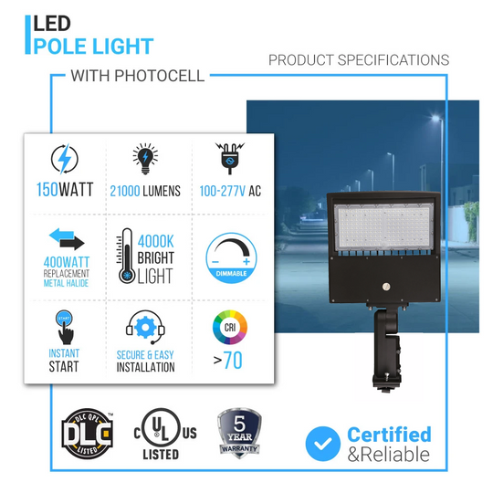 150W LED Pole Light With Photocell, 4000K, Universal Mount, Bronze, AC100-277V, LED Parking Lot Lighting Fixtures