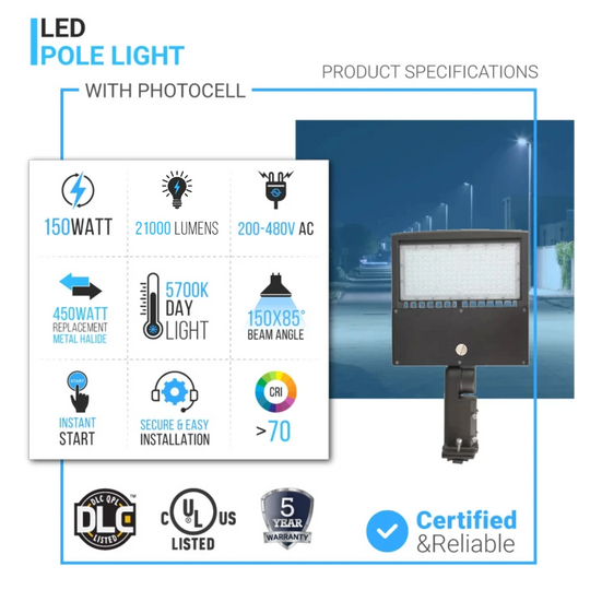 LED Pole Light 150W, High Voltage, 5700K, Universal Mount, 200-480V With Photocell Bronze, Dusk to Dawn Parking Lot Lights