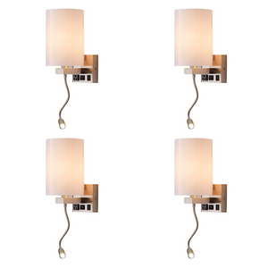 1-Light Modern Bedside Wall Sconce Light with One LED Reading Swing Arm Wall Light, 1 USB + 1 Switch + 1 Outlet, Brushed Nickel Finish, White Acrylic Shade