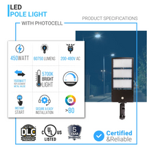 Load image into Gallery viewer, LED Parking Lot Lighting with Photocell sensor, 450W,60750 Lumen, 5700K, IP65 waterproof, Universal Mount, Dimmable, Bronze , UL, DLC Listed
