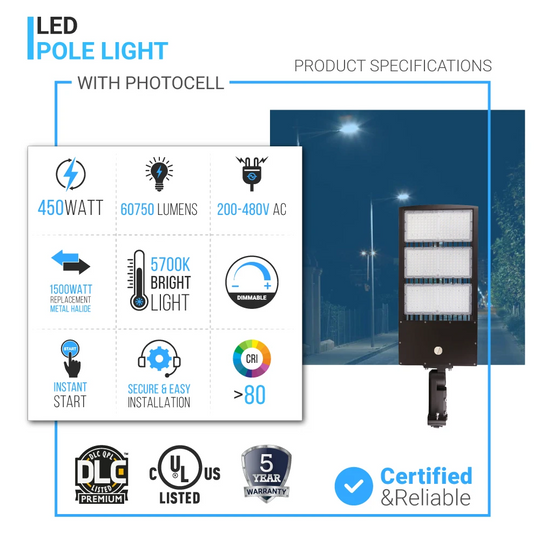 LED Parking Lot Lighting with Photocell sensor, 450W,60750 Lumen, 5700K, IP65 waterproof, Universal Mount, Dimmable, Bronze , UL, DLC Listed