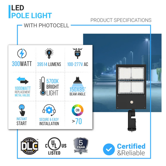 300W LED Pole Light With Photocell, 5700K, Universal Mount, Black, AC100-277V, LED Parking Lot Light fixture