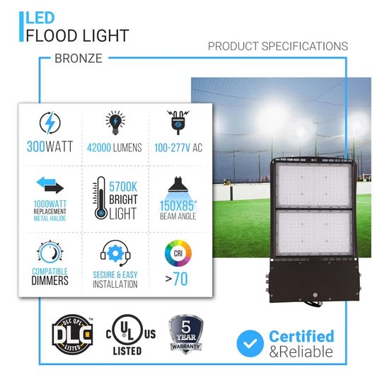 LED Flood Light 300W 5700K IP65 42000 Lumens Bronze, Outdoor Security Lights