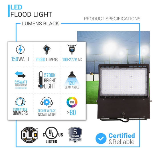 150 Watt LED Flood Light 5700K IP65 21,000 Lumens Black, UL, DLC, CE, ROHS Approved Security Lights