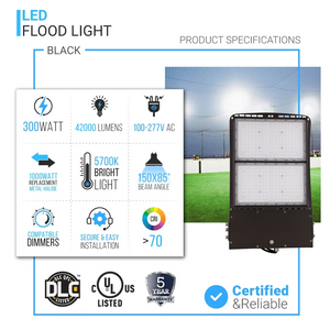 300 watt LED Flood Light, 1050 Watt Replacement, 5700K, AC100-277V, Black, IP65 Waterproof