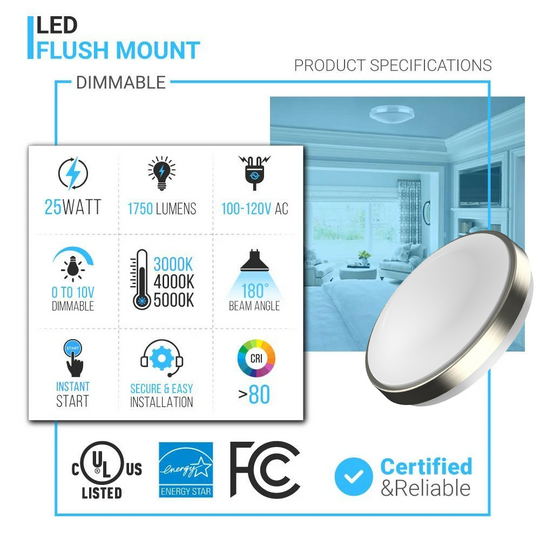 14 inch Round Brushed Nickel Dimmable Flush Mount - LED Ceiling Light, Single Ring - 1750 Lumens - Power: 25W - 3 Color Switchable (3000K/4000K/5000K)