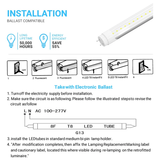 Ballast Compatible T8 4FT 20W LED Tube 2800 Lumens 5000K Clear (Check Compatibility List; Not Compatible with all ballasts)