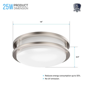 14" LED Double Ring Flush Mount, LED Ceiling Light, 1750 Lumens, Power: 25W, 3 Color switchable (3000K/4000K/5000K)