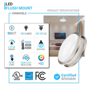 12" LED Double Ring Flush Mount ; 1050 Lumens ; Power: 18W ; 3 Color switchable (3000K/4000K/5000K)