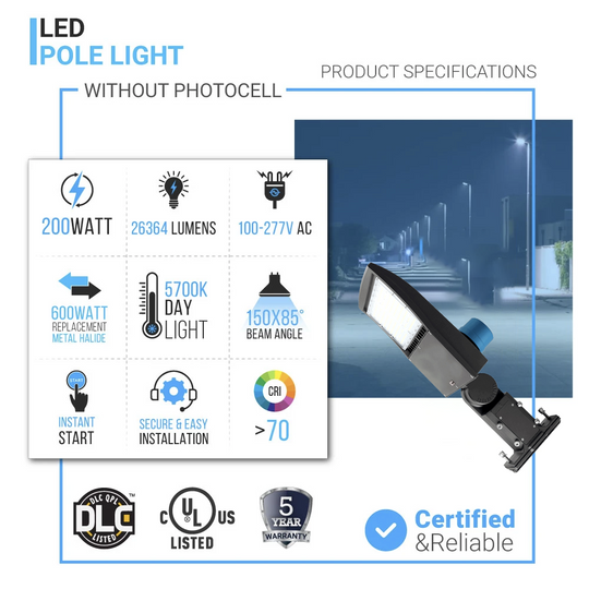LED Pole Light  200W With Photocell, 5700K, Universal Mount, Bronze, AC100-277V, Parking Lot Lights - Dusk to Dawn Lights
