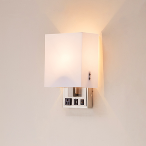 Modern Decorative Wall Sconce Light with 1 USB, 1 Rocker Switch, 1 Power Outlet, Satin Nickel Finish
