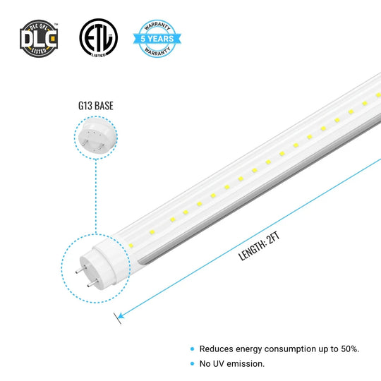 Ballast Compatible T8 2ft LED Tube 8W 5000K Clear (Check Compatibility List; Not Compatible with all ballasts)