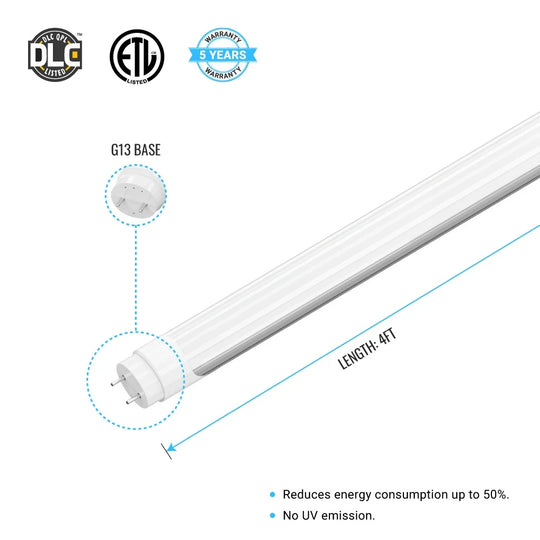 T8 4ft 18W LED Tube 5000K Frosted 2520 Lumens Single Ended Power
