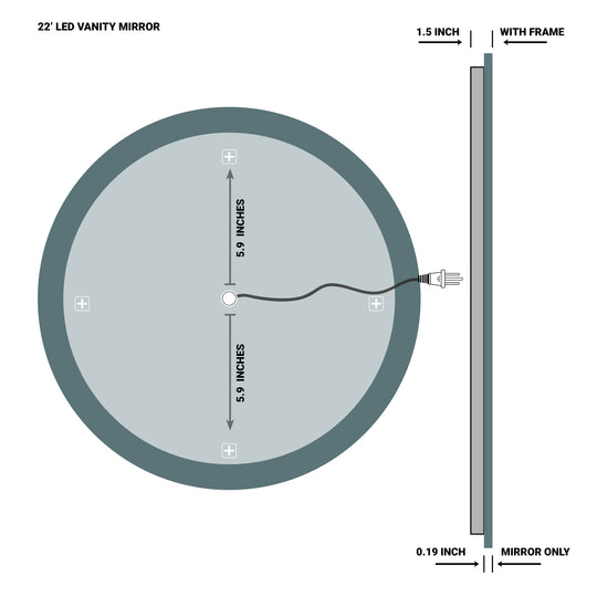 LED Bathroom Round Mirror 22 Inch Diameter - Defogger On/Off Touch Switch and CCT Changeable With Remembrance